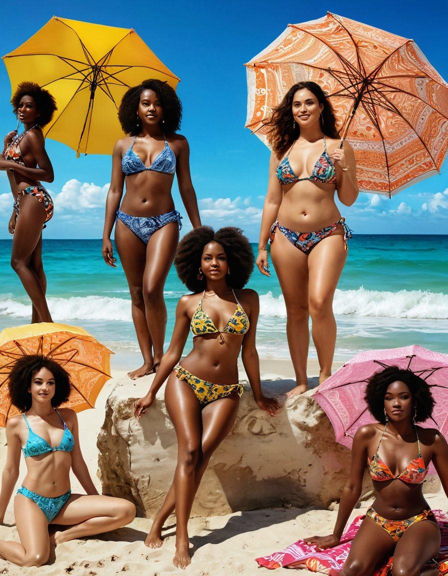 A glamorous beach scene featuring diverse individuals of various body types flaunting unique swimwear styles, adorned with intricate patterns and colorful designs that celebrate body hair. The setting includes a bright, sunny sky, pristine ocean waves, and vibrant beach umbrellas, creating an inviting atmosphere. Catch glimpses of self-expression through accessories and confident poses, emphasizing individuality and beauty in its natural form. super-realistic. vibrant colors. sunny beach backdrop.