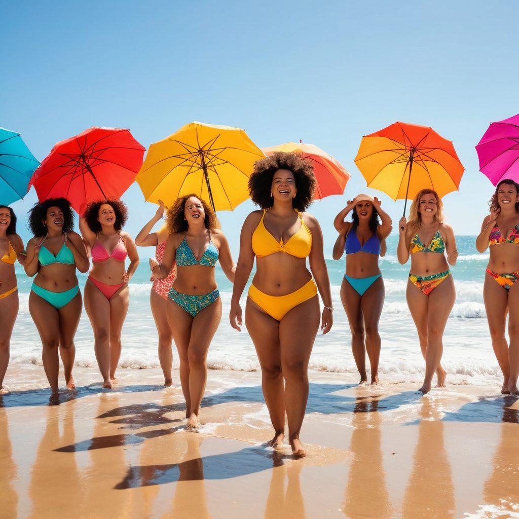 A vibrant beach scene illustrating the transformation from sadness to confidence, featuring a diverse group of individuals of different body types joyfully wearing stylish beachwear. The foreground includes a figure looking hesitant, slowly turning into a confident stance, surrounded by laughter and sun. The background showcases colorful beach umbrellas, waves, and a radiant sun. This image captures the essence of body positivity and self-acceptance. super-realistic. vibrant colors.